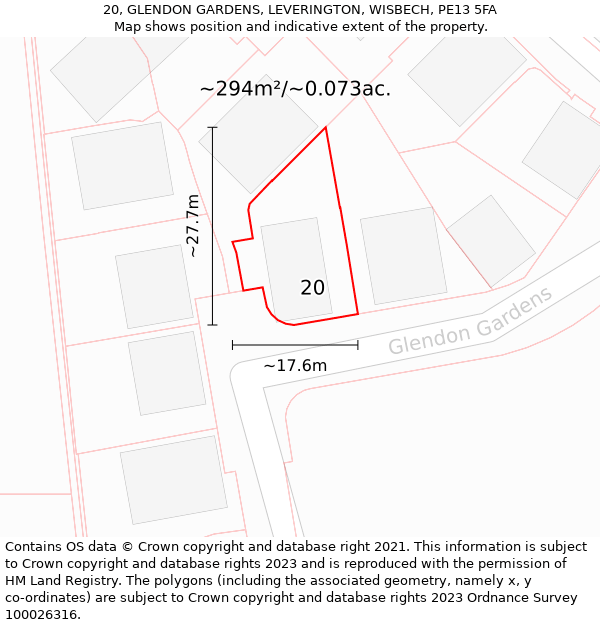 20, GLENDON GARDENS, LEVERINGTON, WISBECH, PE13 5FA: Plot and title map