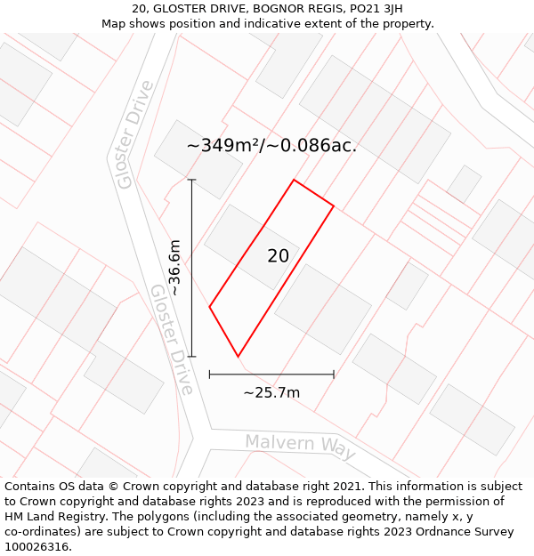 20, GLOSTER DRIVE, BOGNOR REGIS, PO21 3JH: Plot and title map