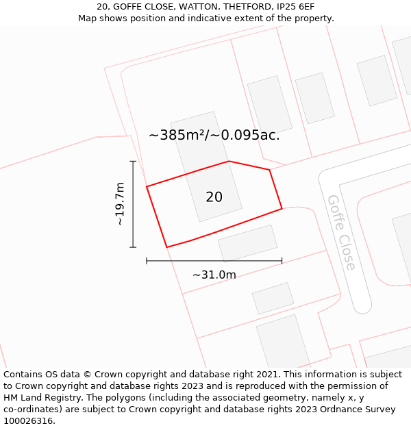 20, GOFFE CLOSE, WATTON, THETFORD, IP25 6EF: Plot and title map