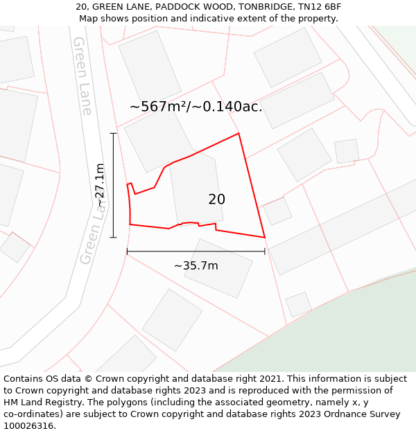 20, GREEN LANE, PADDOCK WOOD, TONBRIDGE, TN12 6BF: Plot and title map