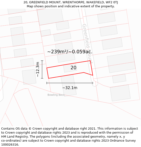 20, GREENFIELD MOUNT, WRENTHORPE, WAKEFIELD, WF2 0TJ: Plot and title map