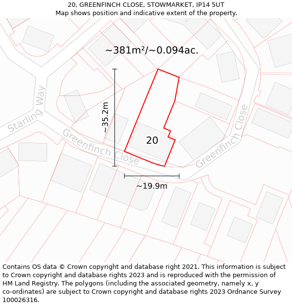 20, GREENFINCH CLOSE, STOWMARKET, IP14 5UT: Plot and title map