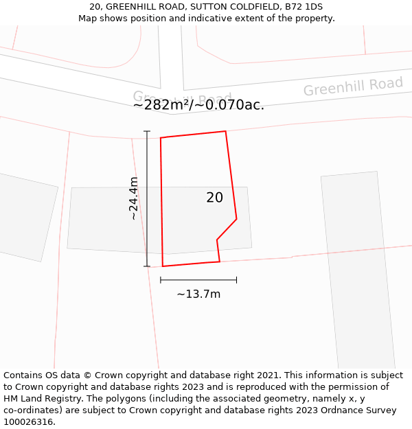 20, GREENHILL ROAD, SUTTON COLDFIELD, B72 1DS: Plot and title map