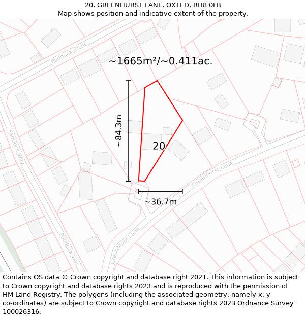 20, GREENHURST LANE, OXTED, RH8 0LB: Plot and title map