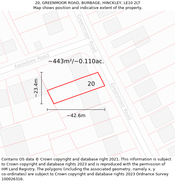 20, GREENMOOR ROAD, BURBAGE, HINCKLEY, LE10 2LT: Plot and title map