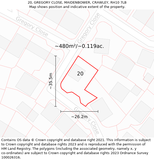 20, GREGORY CLOSE, MAIDENBOWER, CRAWLEY, RH10 7LB: Plot and title map