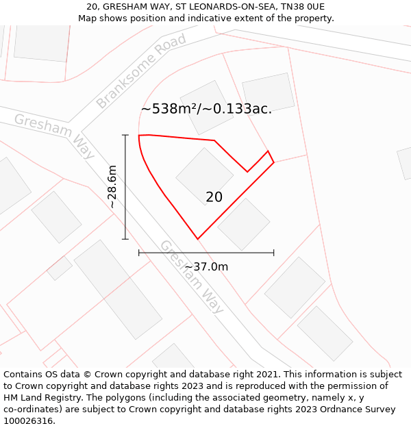 20, GRESHAM WAY, ST LEONARDS-ON-SEA, TN38 0UE: Plot and title map