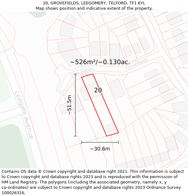 20, GROVEFIELDS, LEEGOMERY, TELFORD, TF1 6YL: Plot and title map