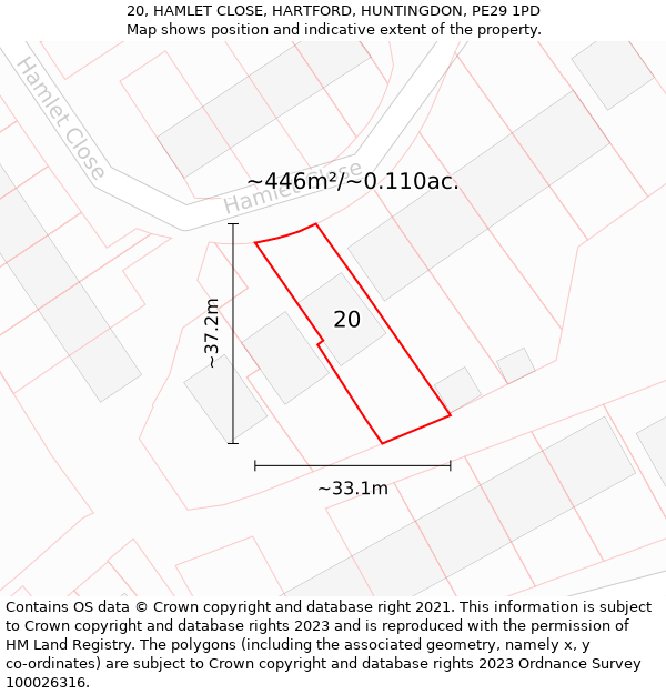 20, HAMLET CLOSE, HARTFORD, HUNTINGDON, PE29 1PD: Plot and title map