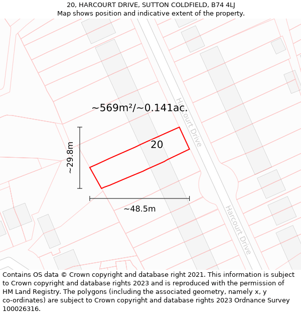 20, HARCOURT DRIVE, SUTTON COLDFIELD, B74 4LJ: Plot and title map