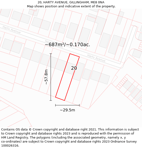 20, HARTY AVENUE, GILLINGHAM, ME8 0NA: Plot and title map