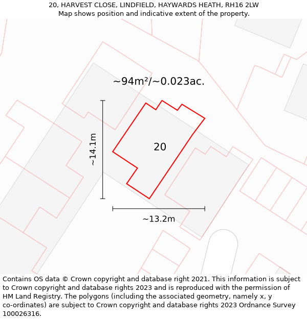 20, HARVEST CLOSE, LINDFIELD, HAYWARDS HEATH, RH16 2LW: Plot and title map