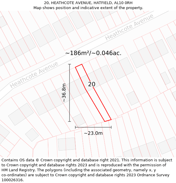 20, HEATHCOTE AVENUE, HATFIELD, AL10 0RH: Plot and title map