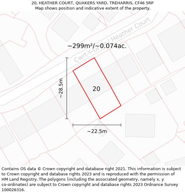 20, HEATHER COURT, QUAKERS YARD, TREHARRIS, CF46 5RP: Plot and title map