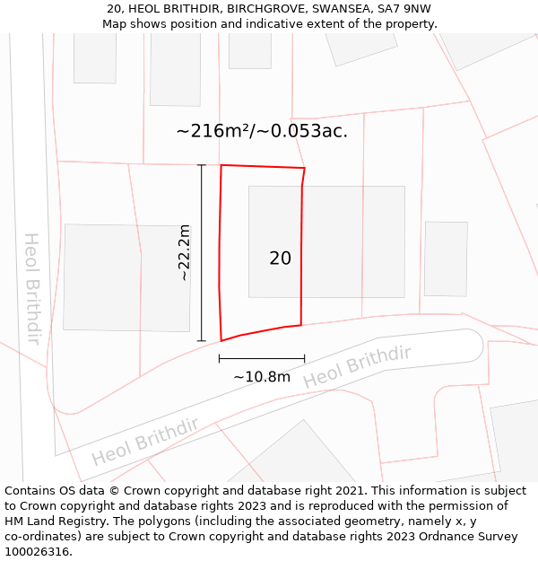 20, HEOL BRITHDIR, BIRCHGROVE, SWANSEA, SA7 9NW: Plot and title map