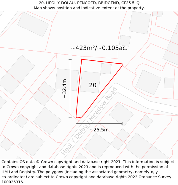 20, HEOL Y DOLAU, PENCOED, BRIDGEND, CF35 5LQ: Plot and title map