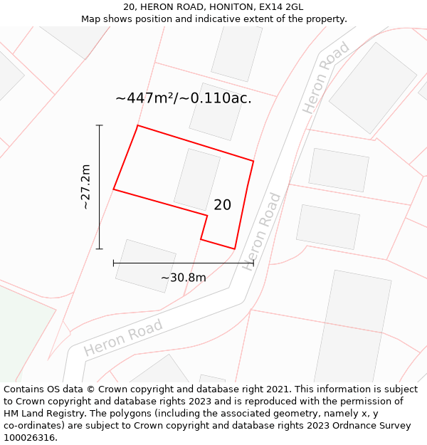 20, HERON ROAD, HONITON, EX14 2GL: Plot and title map