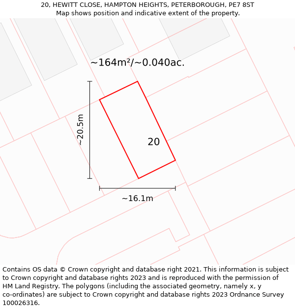 20, HEWITT CLOSE, HAMPTON HEIGHTS, PETERBOROUGH, PE7 8ST: Plot and title map