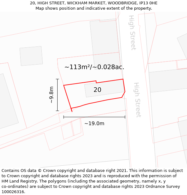 20, HIGH STREET, WICKHAM MARKET, WOODBRIDGE, IP13 0HE: Plot and title map