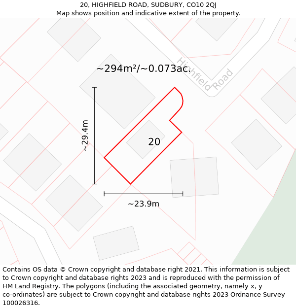 20, HIGHFIELD ROAD, SUDBURY, CO10 2QJ: Plot and title map