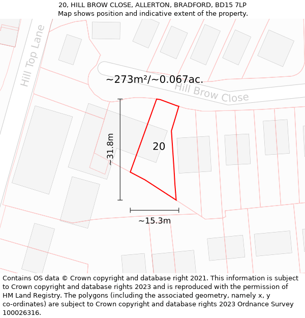 20, HILL BROW CLOSE, ALLERTON, BRADFORD, BD15 7LP: Plot and title map