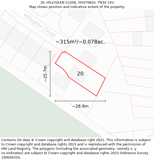 20, HILLYGLEN CLOSE, HASTINGS, TN34 1XU: Plot and title map
