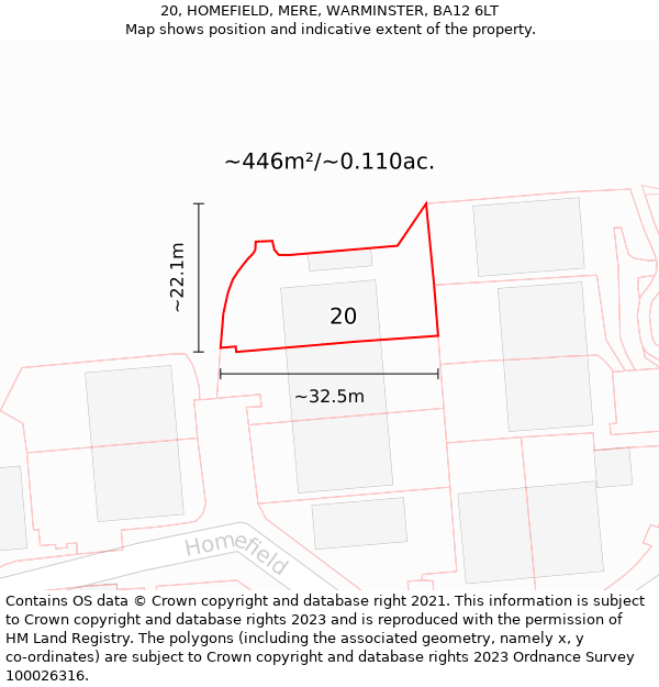 20, HOMEFIELD, MERE, WARMINSTER, BA12 6LT: Plot and title map