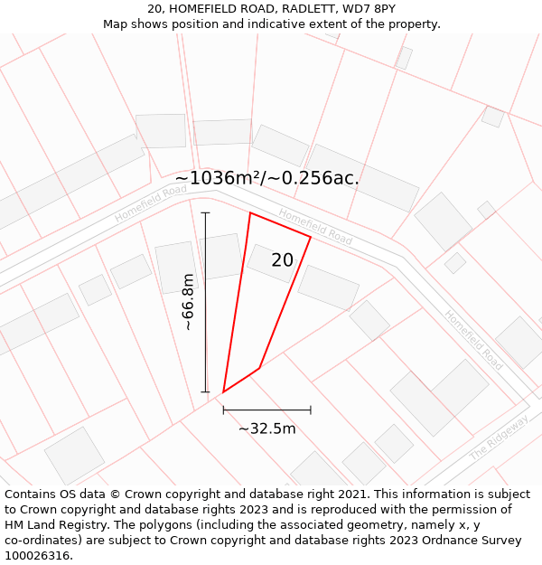 20, HOMEFIELD ROAD, RADLETT, WD7 8PY: Plot and title map