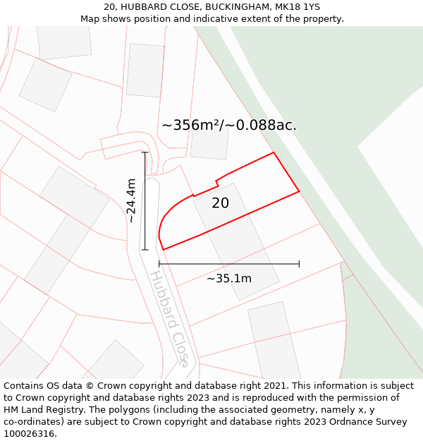 20, HUBBARD CLOSE, BUCKINGHAM, MK18 1YS: Plot and title map