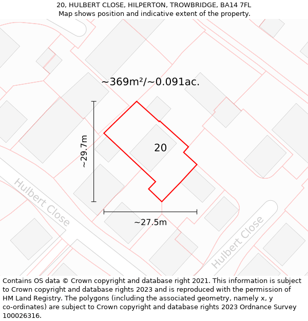 20, HULBERT CLOSE, HILPERTON, TROWBRIDGE, BA14 7FL: Plot and title map