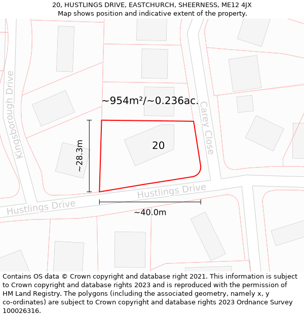 20, HUSTLINGS DRIVE, EASTCHURCH, SHEERNESS, ME12 4JX: Plot and title map