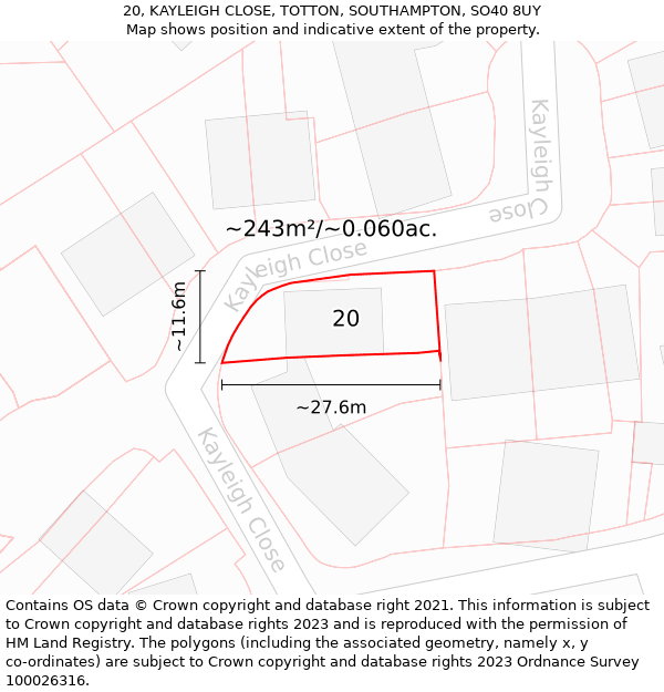 20, KAYLEIGH CLOSE, TOTTON, SOUTHAMPTON, SO40 8UY: Plot and title map