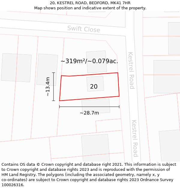 20, KESTREL ROAD, BEDFORD, MK41 7HR: Plot and title map