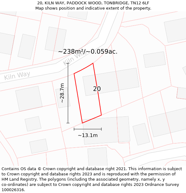20, KILN WAY, PADDOCK WOOD, TONBRIDGE, TN12 6LF: Plot and title map