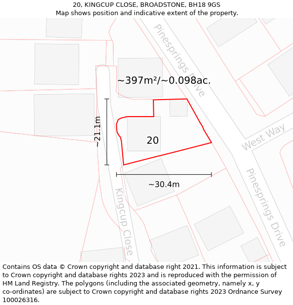 20, KINGCUP CLOSE, BROADSTONE, BH18 9GS: Plot and title map