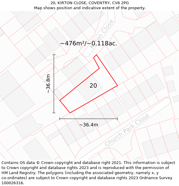 20, KIRTON CLOSE, COVENTRY, CV6 2PG: Plot and title map