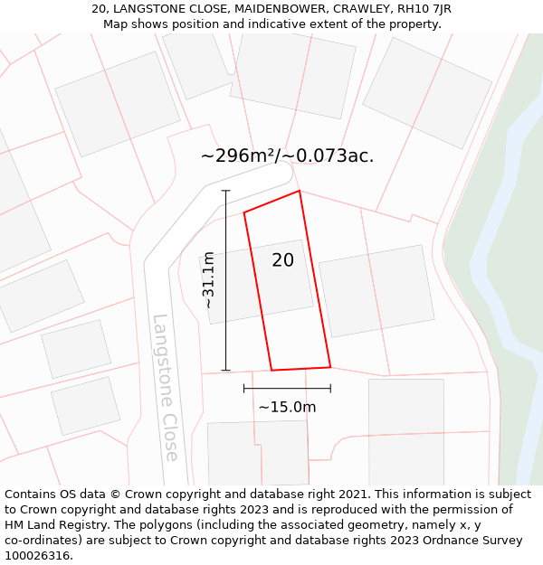 20, LANGSTONE CLOSE, MAIDENBOWER, CRAWLEY, RH10 7JR: Plot and title map