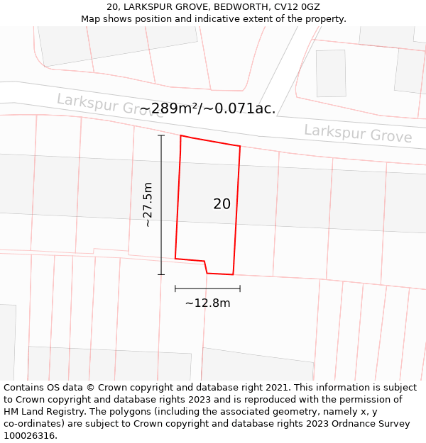 20, LARKSPUR GROVE, BEDWORTH, CV12 0GZ: Plot and title map