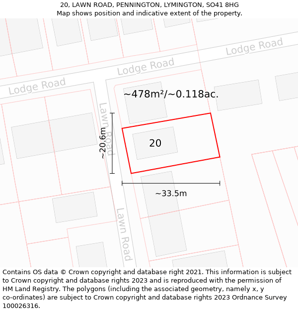 20, LAWN ROAD, PENNINGTON, LYMINGTON, SO41 8HG: Plot and title map