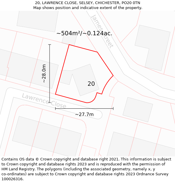 20, LAWRENCE CLOSE, SELSEY, CHICHESTER, PO20 0TN: Plot and title map