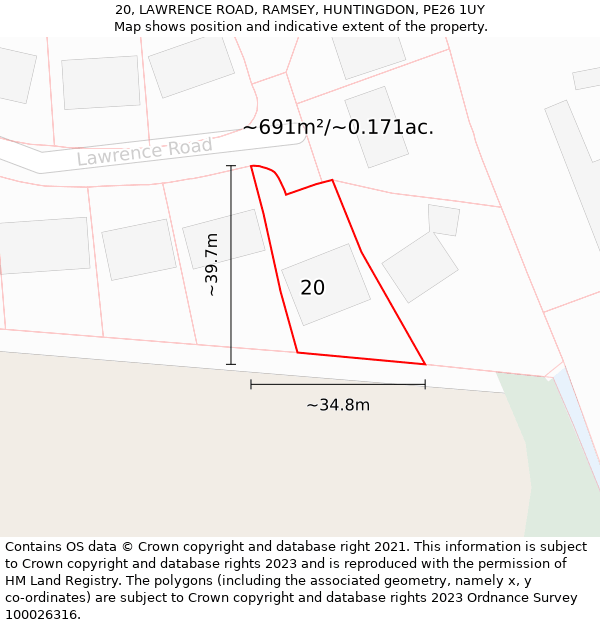 20, LAWRENCE ROAD, RAMSEY, HUNTINGDON, PE26 1UY: Plot and title map