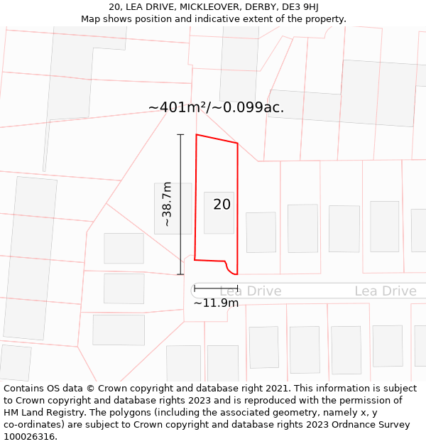 20, LEA DRIVE, MICKLEOVER, DERBY, DE3 9HJ: Plot and title map