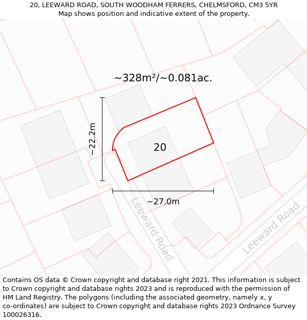 20, LEEWARD ROAD, SOUTH WOODHAM FERRERS, CHELMSFORD, CM3 5YR: Plot and title map