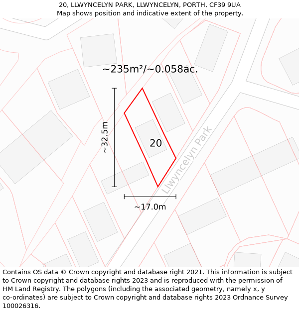 20, LLWYNCELYN PARK, LLWYNCELYN, PORTH, CF39 9UA: Plot and title map