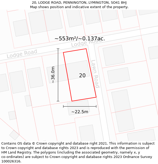 20, LODGE ROAD, PENNINGTON, LYMINGTON, SO41 8HJ: Plot and title map