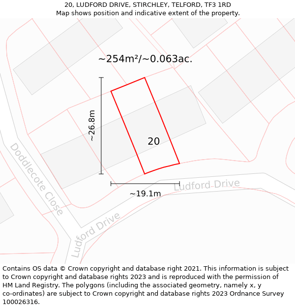 20, LUDFORD DRIVE, STIRCHLEY, TELFORD, TF3 1RD: Plot and title map