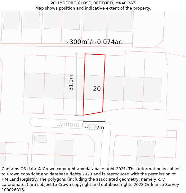 20, LYDFORD CLOSE, BEDFORD, MK40 3AZ: Plot and title map