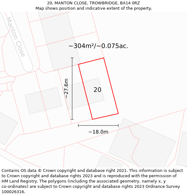 20, MANTON CLOSE, TROWBRIDGE, BA14 0RZ: Plot and title map