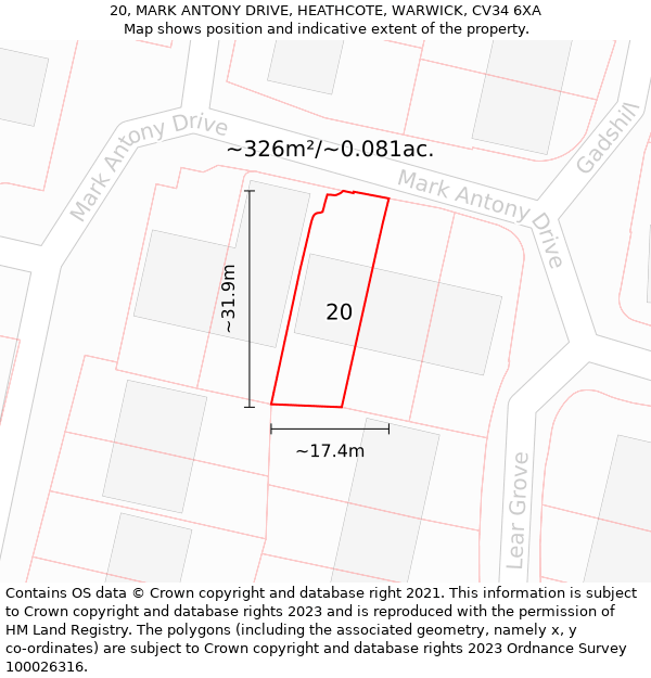 20, MARK ANTONY DRIVE, HEATHCOTE, WARWICK, CV34 6XA: Plot and title map