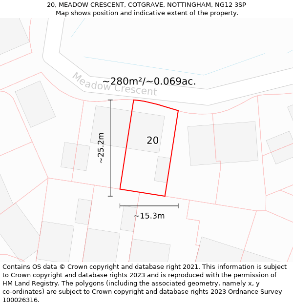 20, MEADOW CRESCENT, COTGRAVE, NOTTINGHAM, NG12 3SP: Plot and title map